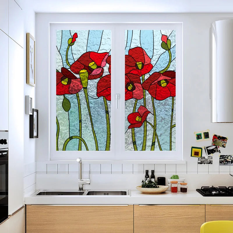 Fönsterfilm med röda vallmoblommor