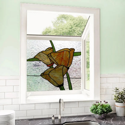 Fönsterfilm med gyllene blommotiv